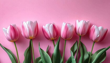 Obraz premium Delicate pink and white tulips on a soft pink background, ideal for springtime events, greeting cards, or serene decor, promoting freshness and tranquility.