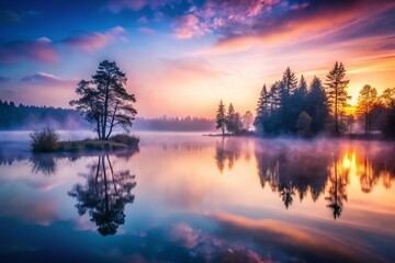 Obraz premium Misty Lake Morning: Magical, Mysterious Dawn Landscape Photography