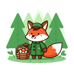 Fototapeta premium Vector cartoon fox in green outfit with mushroom basket in forest. Perfect for nature themes, foraging activities, or woodland adventure stories.