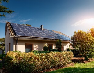 Obraz premium Solar panels on a modern house rooftop surrounded by a sustainable garden