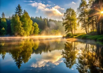 Fototapeta premium Misty Morning, Forest Lake, Moscow Region - Candid Nature Photography