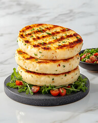 Grilled cheese rounds stacked on slate plate with garnish