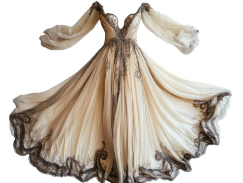 Elegant gown with flowing sleeves and intricate embellishments isolated on a transparent background