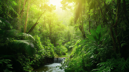 Obraz premium Tropical forest landscape with river. Vector cartoon illustration of jungle wood with exotic green plants, sunlight beams, liana vines on tree branches above blue water. Adventure game background