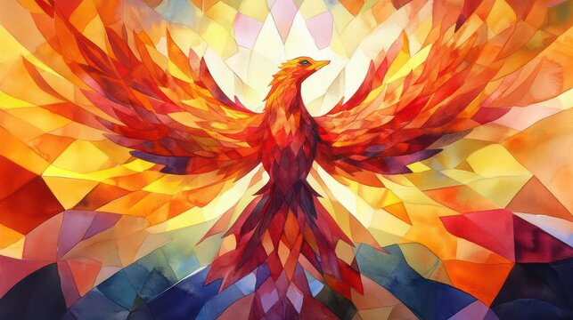 Abstract watercolor phoenix painted in vibrant fiery colors with intricate geometric details, showcase dynamic shapes and bold red, orange, and yellow tones.