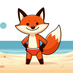 Obraz premium Cartoon fox in red swimming trunks at beach with ocean backdrop. Perfect vector illustration for summer vacation, beach activities, or coastal lifestyle concepts.