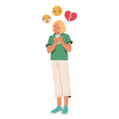 Teenage girl cartoon character crying feeling upset due to broken heart receiving offensive message