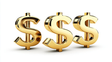 Fototapeta premium Golden 3d dollar signs from different angles with realistic shadow effects. Metallic currency symbols floating on white background. Glossy financial icons for banking or economic presentations.