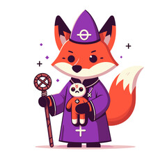 Vector cartoon fox wizard in purple robe holding staff with voodoo doll. Ideal for fantasy games, magical storytelling, or mystical character designs.