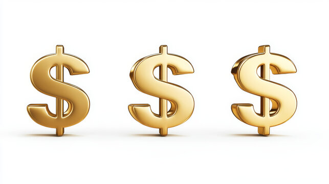 Golden 3d dollar signs from different angles with realistic shadow effects. Metallic currency symbols floating on white background. Glossy financial icons for banking or economic presentations.