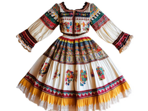 A vibrant folk dress with intricate floral embroidery and colorful geometric patterns isolated on a transparent background