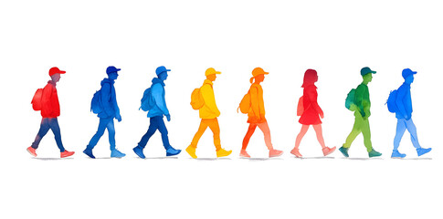 Obraz premium Watercolor colorful abstract silhouettes of walking people, crowd isolated on a white background