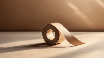 Partially unrolled kraft paper tape with a matte finish in warm lighting