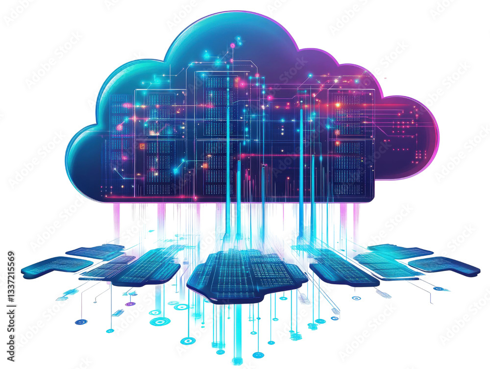 Poster cloud computing concept digital cityscape with data streams and interconnected infrastructure glowin