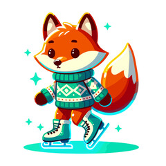 Cartoon fox ice skater in teal winter sweater. Perfect vector illustration for winter sports, skating recreation, or seasonal activity character designs.
