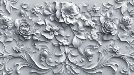 Elegant, light gray, 3D floral relief wall d?cor.  Detailed floral and scrollwork patterns