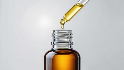 Oil dropper poised over a glass bottle with golden liquid inside
