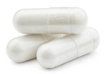 White pills capsules vitamin supplement pills or drugs for isolated on white background. Pill with clipping path