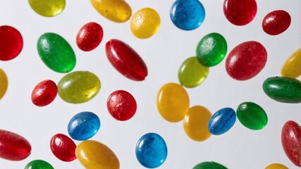 Colorful candies falling against white background
