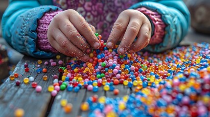 Child s Hands Playing with Colorful Beads. Sensory Play and Development Activities for Kids.