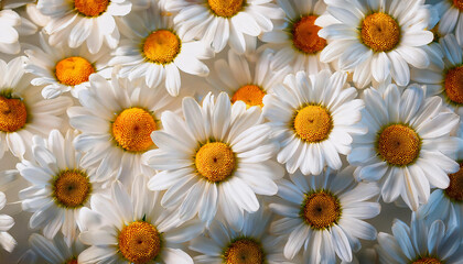 Obraz premium A field of white daisies with yellow centers bathed in warm sunlight, symbolizing purity and summer beauty.