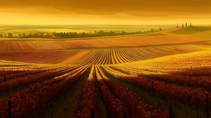Fototapeta premium Golden Hour Vineyard Landscape Rolling Hills and Autumnal Vines
