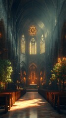 Gothic cathedral interior golden sunlight high resolution hd image
