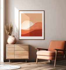 A cozy living room with a wooden sideboard and a leather armchair. The framed artwork on the wall adds a warm, modern touch.