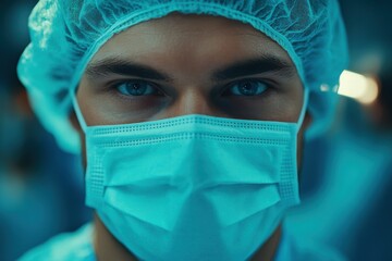 Medical Professional in Mask and Cap Looking Intensely. Healthcare Worker Ready for Surgery. Close up Portrait with Bright Eyes. Operating Room Background.