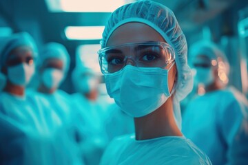 Medical professional in surgical mask looks forward. Team of surgeons in the background in blue surgical room environment. Healthcare medical clinic setting.