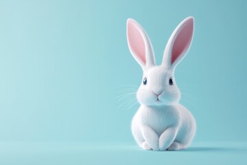 Obraz premium Happy Easter. Fluffy white rabbit sits upright on pastel blue background. Cute animal with long ears poses for portrait. Easter bunny concept with copy space.