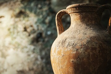 Ancient clay amphora, weathered and aged, stands against a blurred stone backdrop.