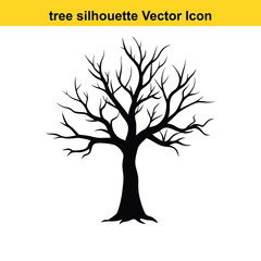 A collection of tree silhouettes in a natural setting with various tree types like pine, oak, and birch, featuring outlines and patterns of branches, leaves, and flowers, ideal for a nature design