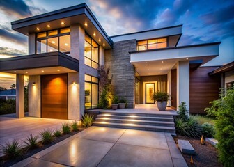 Obraz premium Modern House Entrance Dusk Architectural Photography - Exquisite Design
