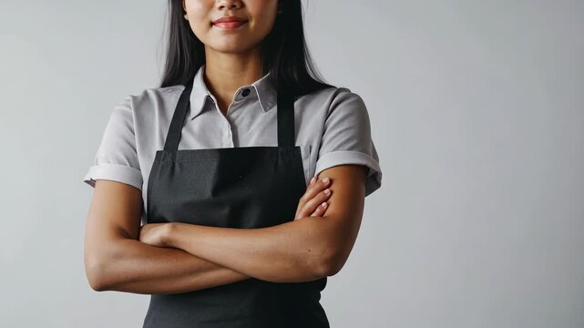 Confident barista poses with arms crossed in a modern cafe setting in the late afternoon
