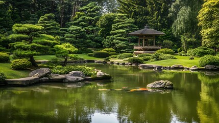 Obraz premium A serene garden with a Japanese pagoda, a koi pond, and carefully trimmed bonsai trees