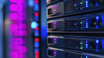 High tech server room with illuminated racks and colorful lights