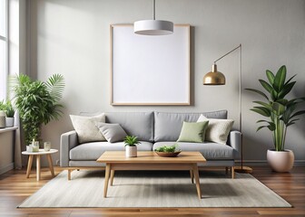 Modern Living Room with Empty White Poster Mockup for Art Print Design