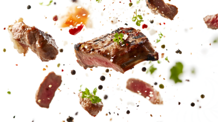 A piece of meat is being cooked on a grill and is surrounded by various spices. The meat is being cooked in a way that it is being thrown into the air, creating a sense of excitement