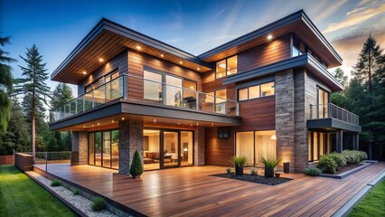 Fototapeta premium Modern Luxury Home Exterior: Wood Siding, Large Windows, Expansive Deck - Stock Photo