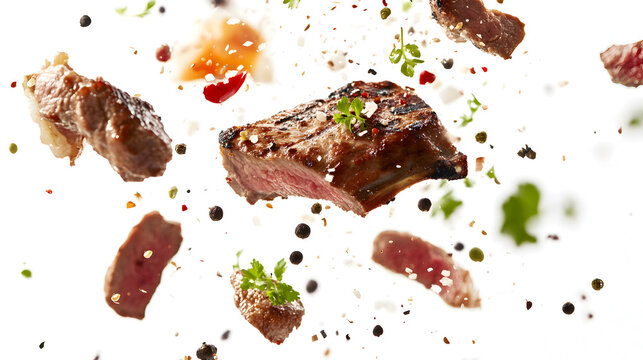 A piece of meat is being cooked on a grill and is surrounded by various spices. The meat is being cooked in a way that it is being thrown into the air, creating a sense of excitement