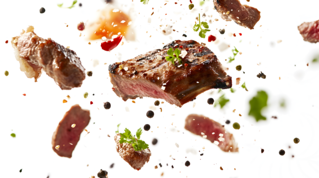 A piece of meat is being cooked on a grill and is surrounded by various spices. The meat is being cooked in a way that it is being thrown into the air, creating a sense of excitement