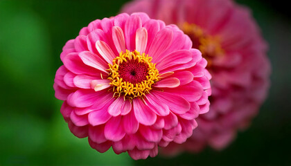Fototapeta premium A fully bloomed pink zinnia with a bright yellow center, its layered petals forming a beautiful floral pattern, standing out in a lush green garden.