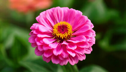 Obraz premium A fully bloomed pink zinnia with a bright yellow center, its layered petals forming a beautiful floral pattern, standing out in a lush green garden.