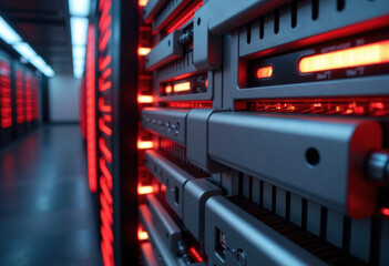 High-tech server room with illuminated red lights and sleek equipment
