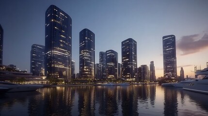 Fototapeta premium Sunset view of futuristic skyline with illuminated skyscrapers high resolution picture