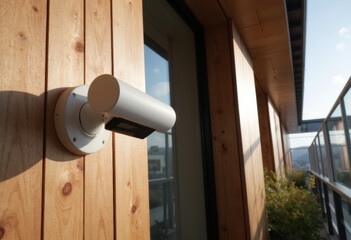 Modern security camera mounted on a wooden wall of a contemporary building