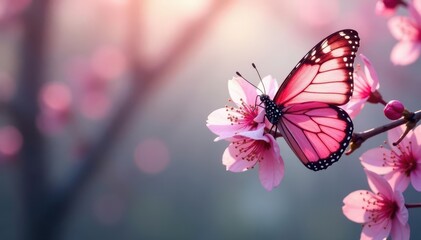 Naklejka premium Pink cherry blossoms, delicate butterfly wings fluttering , wildlife, flora