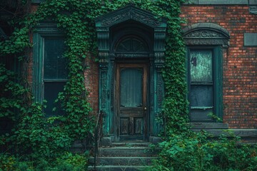 Overgrown ivy clings to an antique brick building's ornate doorway, hinting at forgotten stories and a bygone era.