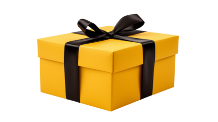 A yellow gift box with a black ribbon on a black background in a studio shot with soft lightingisolated on transparent background	